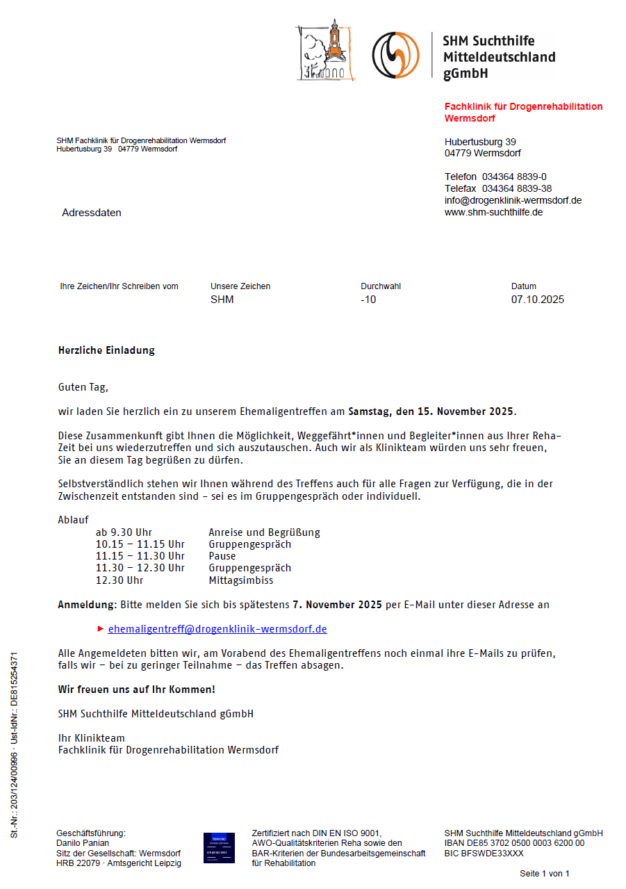 Einladung zum Ehemaligentreffen - 15. November 2025