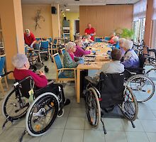 Personen mit und ohne Rollstuhl sitzen um Tisch herum