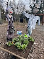 Vogelscheuchen neben gepflanzten Blümchen