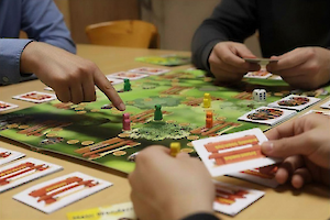Brettspiel mit bunten Figuren und Karten