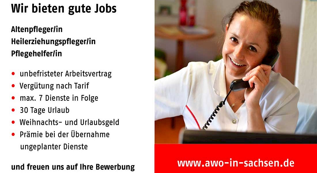 Flyer mit dem Hinweis auf gute Jobs, eine Frau hält auf dem Foto rechts einen Telefonhörer in der Hand.