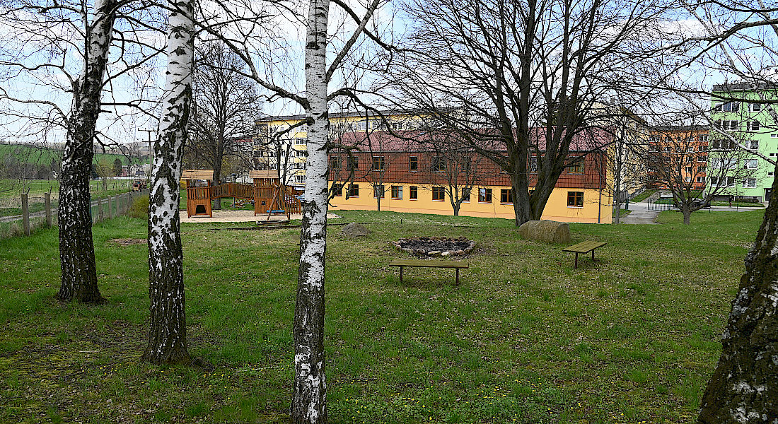 Außenbereich mit Wiese, Bäumen und einem Gebäude im Hintergrund.