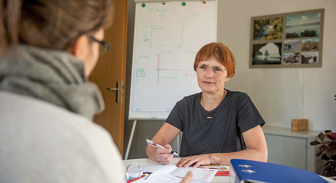 Zwei Personen sitzen sich an einem Schreibtisch gegenüber, im Hintergrund steht ein Flipchart mit Skizzen.